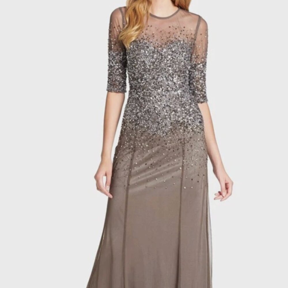 Adrianna Papell Gray Sequin Dress - 3/4 Sleeve Beaded Illusion Gown in Lead - 6P